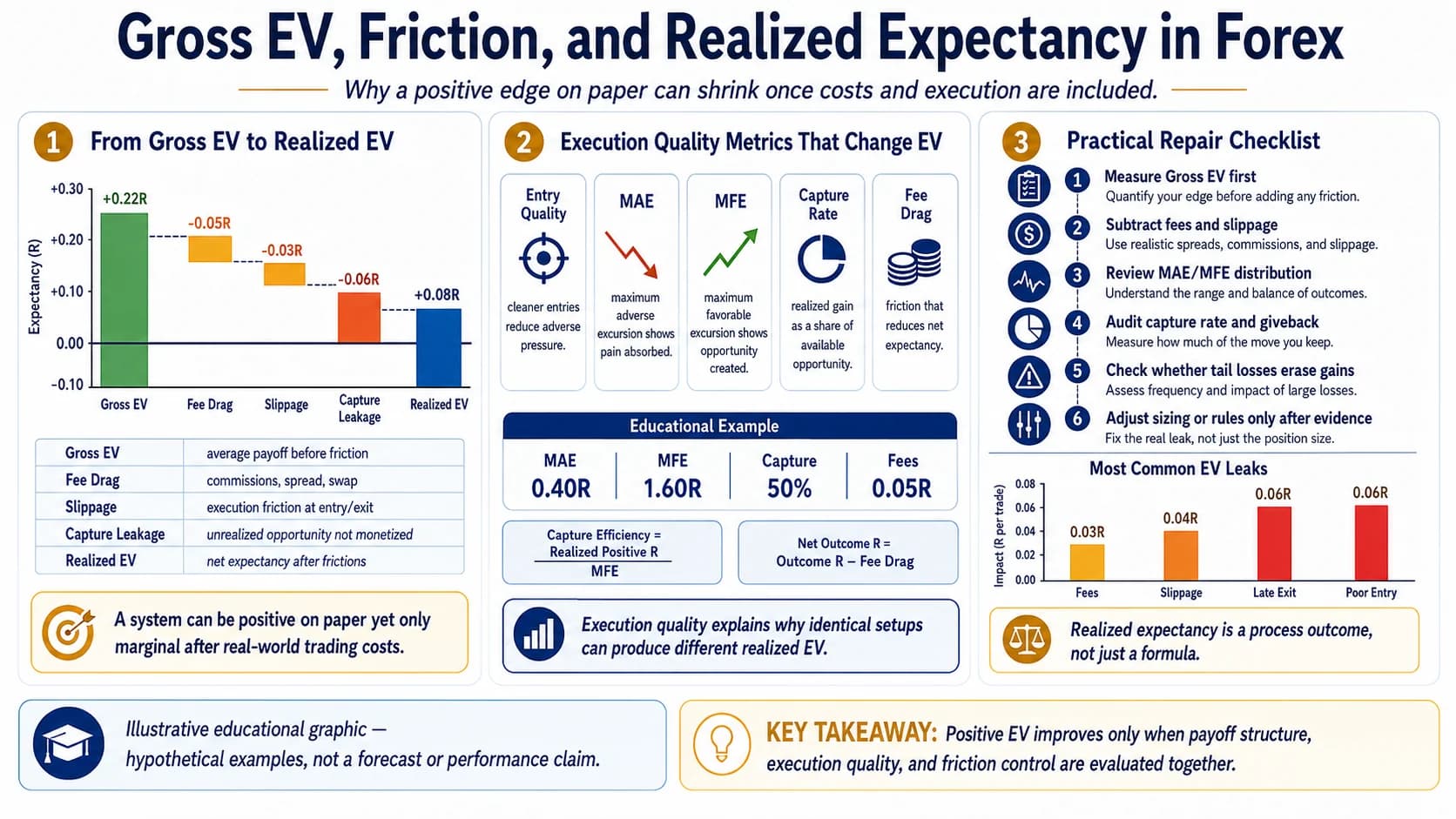 Three panels: a waterfall from +0.22R gross EV through fee drag, slippage and capture leakage down to +0.08R realized EV; five execution-quality metrics with an educational example of MAE, MFE, capture rate and fee drag; and a six-step practical repair checklist beside a chart of the most common EV leaks