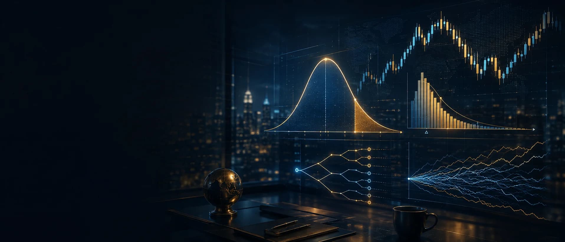 A darkened trading desk at night with a city skyline beyond — a distribution curve with its right tail shaded gold, a tail histogram, a branching probability tree and a fan of simulated equity paths projected across the glass