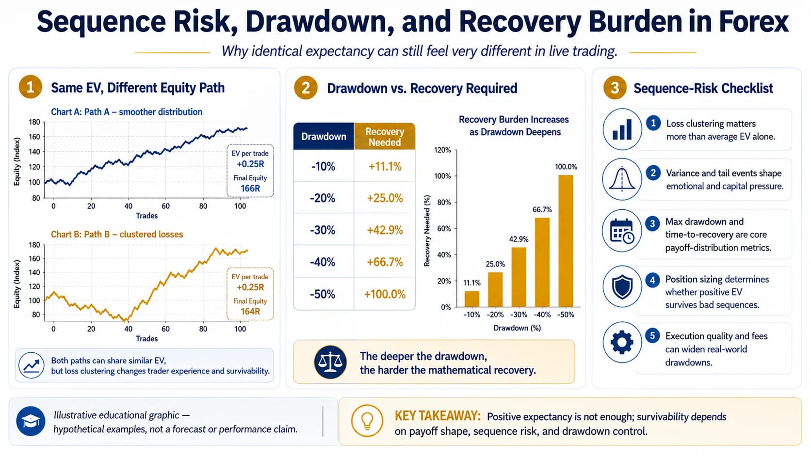 Three panels: two equity curves with identical expectancy of +0.25R per trade, one smooth and one with clustered losses; a drawdown-to-recovery table and bar chart showing that a 50% drawdown requires a 100% gain to recover; and a five-point sequence-risk checklist