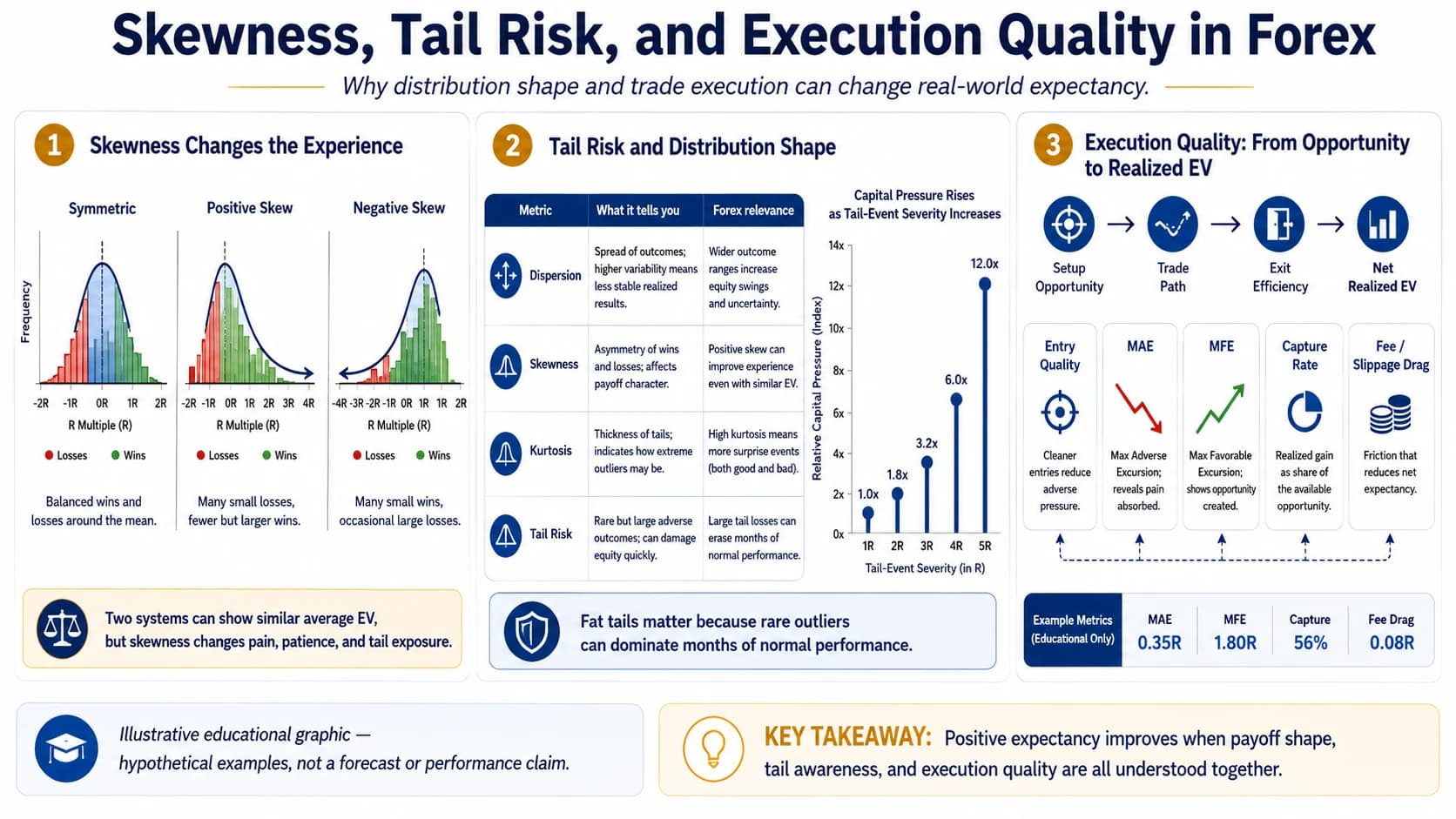 Three panels: symmetric, positively skewed and negatively skewed R-multiple histograms; a table of dispersion, skewness, kurtosis and tail risk against Forex relevance beside a chart of relative capital pressure rising with tail-event severity; and an execution-quality chain from setup opportunity through trade path and exit efficiency to net realized EV