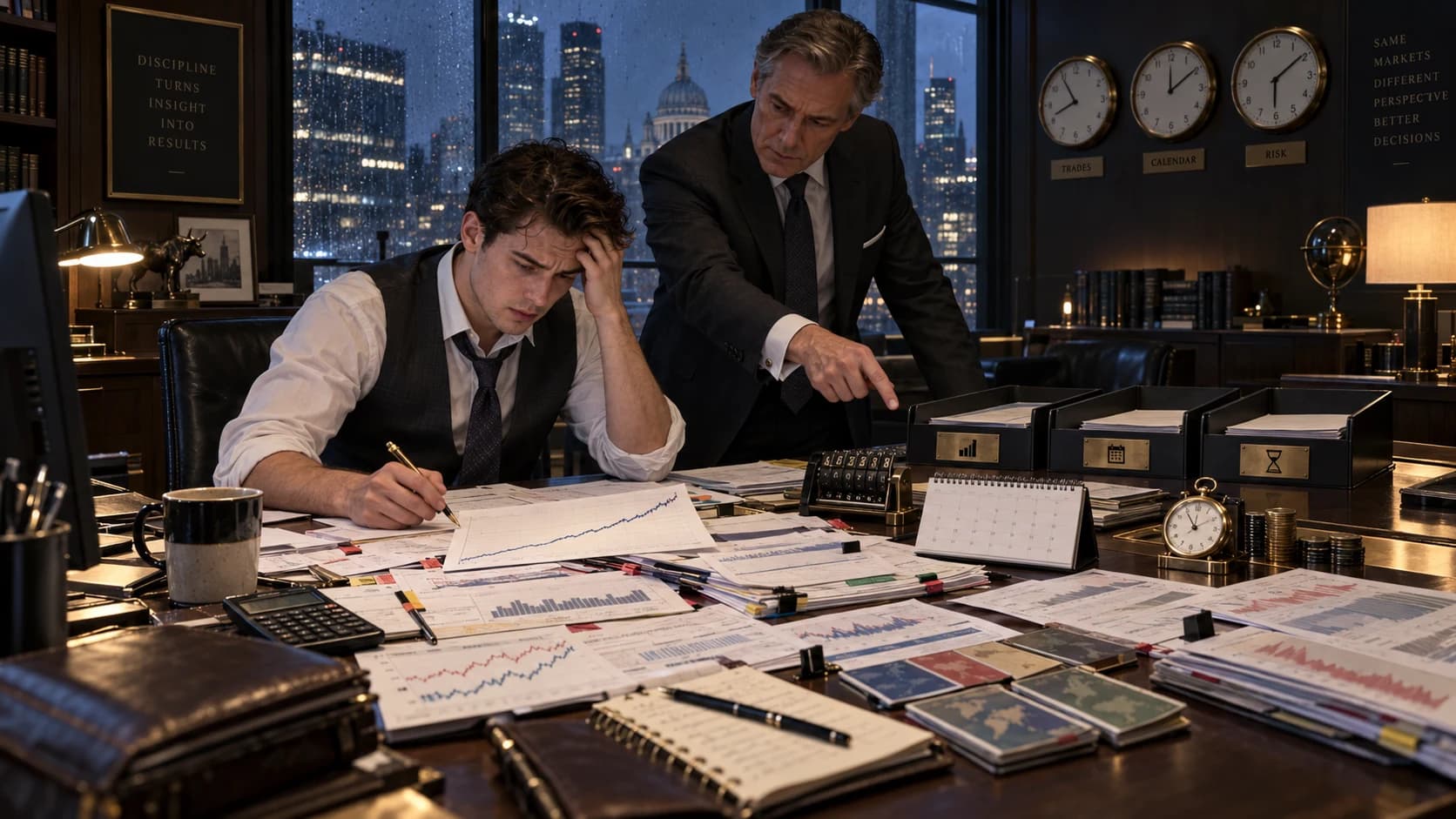 Two analysts reviewing equity curves, trade records, calendars, and risk clocks across a desk in a rain-soaked city office