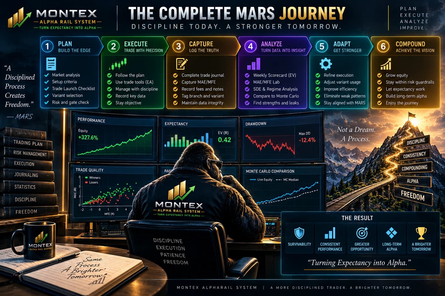 Complete MARS operating journey from planning and execution through capture, analysis, adaptation, and compounding, with expectancy, drawdown, trade-quality, and Monte Carlo monitoring.