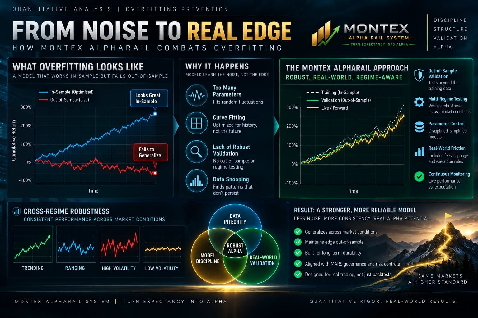 Educational infographic explaining how parameter control, out-of-sample validation, multi-regime testing, real-world friction, and continuous monitoring separate noise from durable edge.