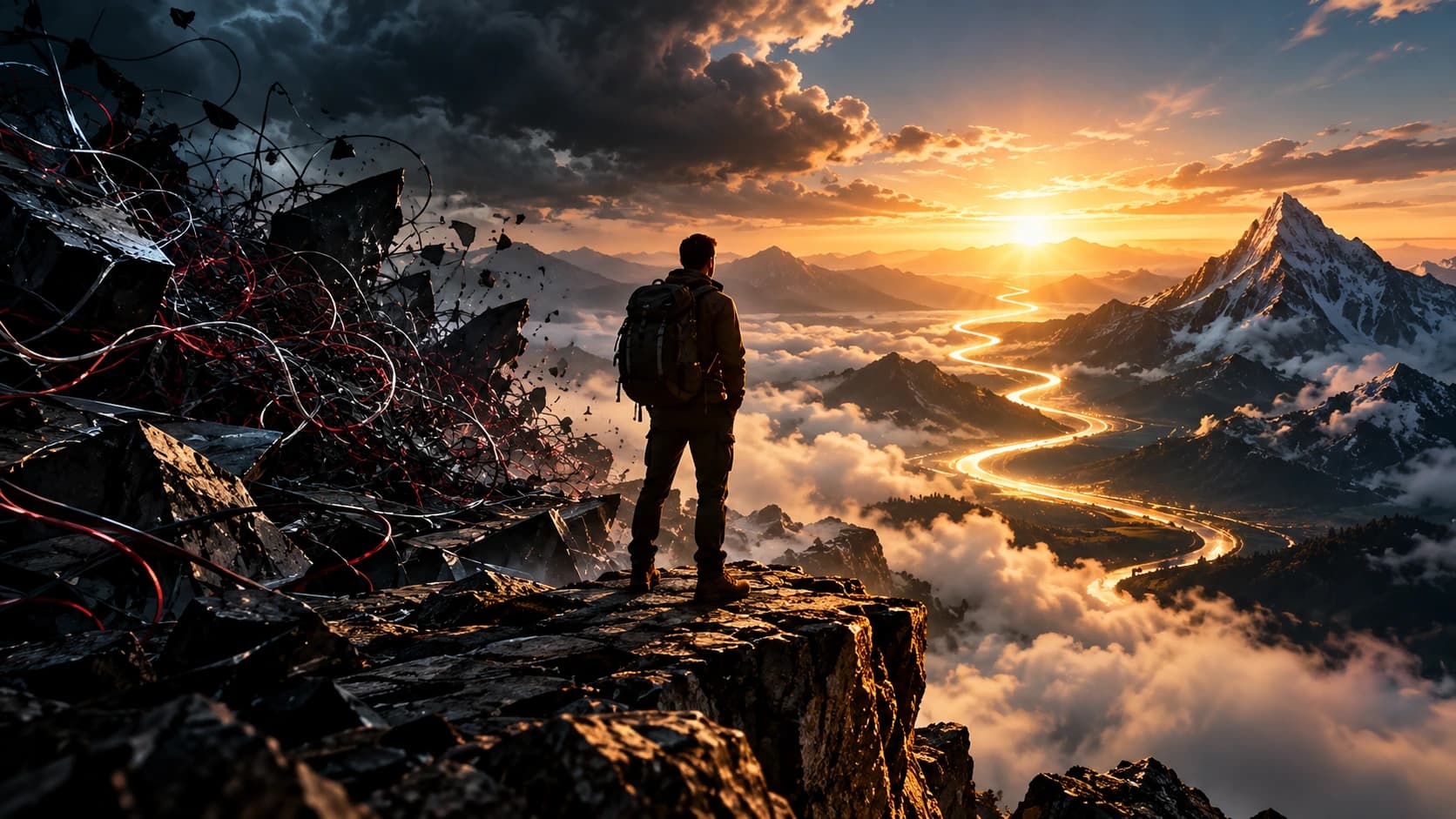 Cinematic transition from chaotic market noise toward a disciplined golden path through the mountains, representing robust quantitative validation.