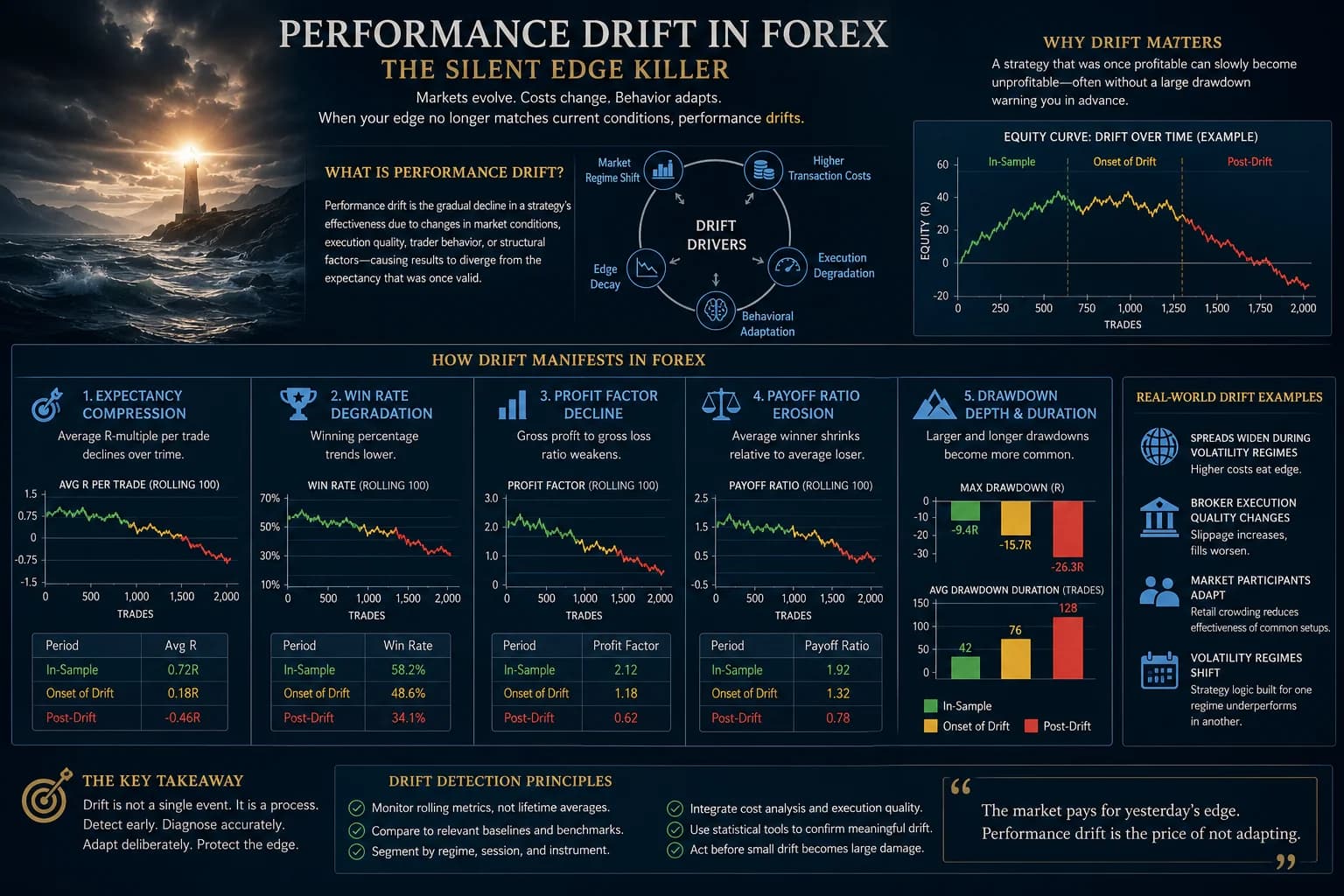 Performance drift anatomy dashboard: a cycle of five drift drivers — market regime shift, higher transaction costs, execution degradation, behavioral adaptation and edge decay — an equity curve split into in-sample, onset-of-drift and post-drift phases, and five rolling panels showing expectancy compression, win-rate degradation, profit-factor decline, payoff-ratio erosion and deepening drawdowns, the first four carrying a three-period summary table and the fifth a pair of drawdown bar charts