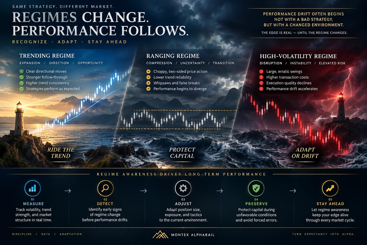 Three market regimes side by side — a trending regime of clear directional moves and stronger follow-through, a ranging regime of choppy two-sided price action and whipsaws, and a high-volatility regime of large erratic swings, higher transaction costs and declining execution quality — above a five-step band reading measure, detect, adjust, preserve and stay ahead