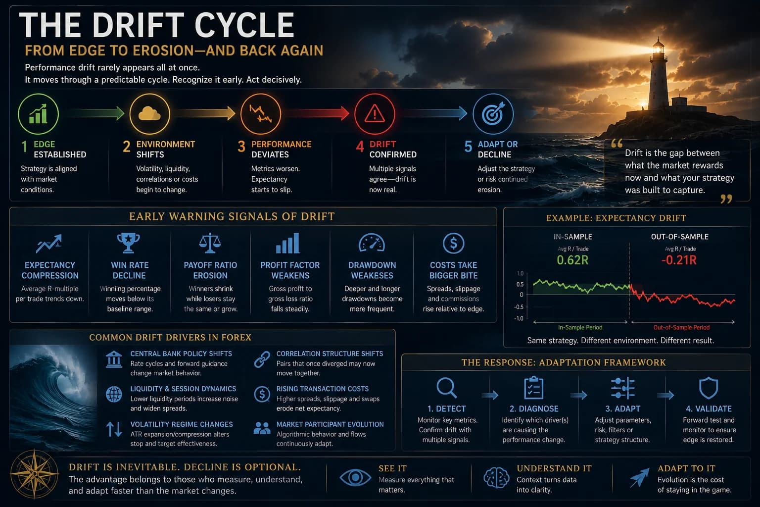 The drift cycle in five stages — edge established, environment shifts, performance deviates, drift confirmed, adapt or decline — above a panel of six early-warning signals, an in-sample versus out-of-sample expectancy comparison falling from +0.62R to −0.21R, a list of common drift drivers in forex, and a four-step adaptation framework of detect, diagnose, adapt and validate