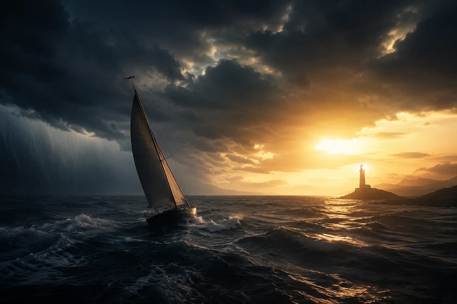 A sailboat heeling hard through heavy seas beneath a breaking storm front, sailing out of the rain toward a distant lighthouse standing in golden light on the horizon — the conditions changed, and only the fixed reference point tells you by how much