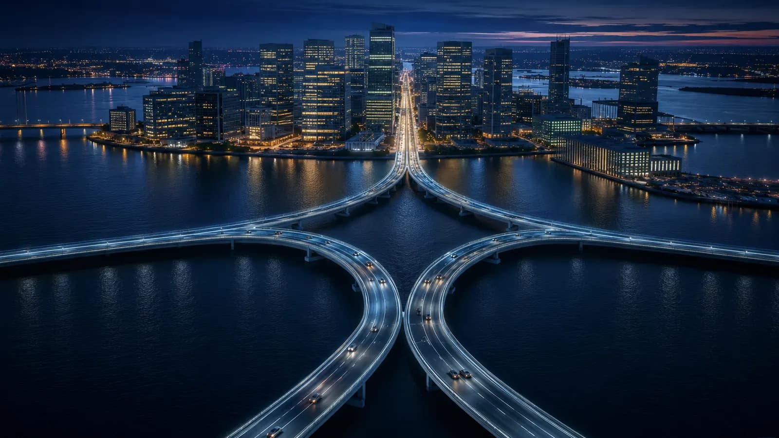 Four elevated highways sweeping across dark water and converging into a single illuminated artery entering the city at night — four routes, one destination