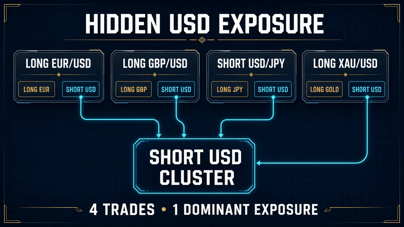 Four trades — long EUR/USD, long GBP/USD, short USD/JPY, long XAU/USD — each decomposed into currency legs, with every short-USD leg feeding one Short USD Cluster: 4 trades, 1 dominant exposure