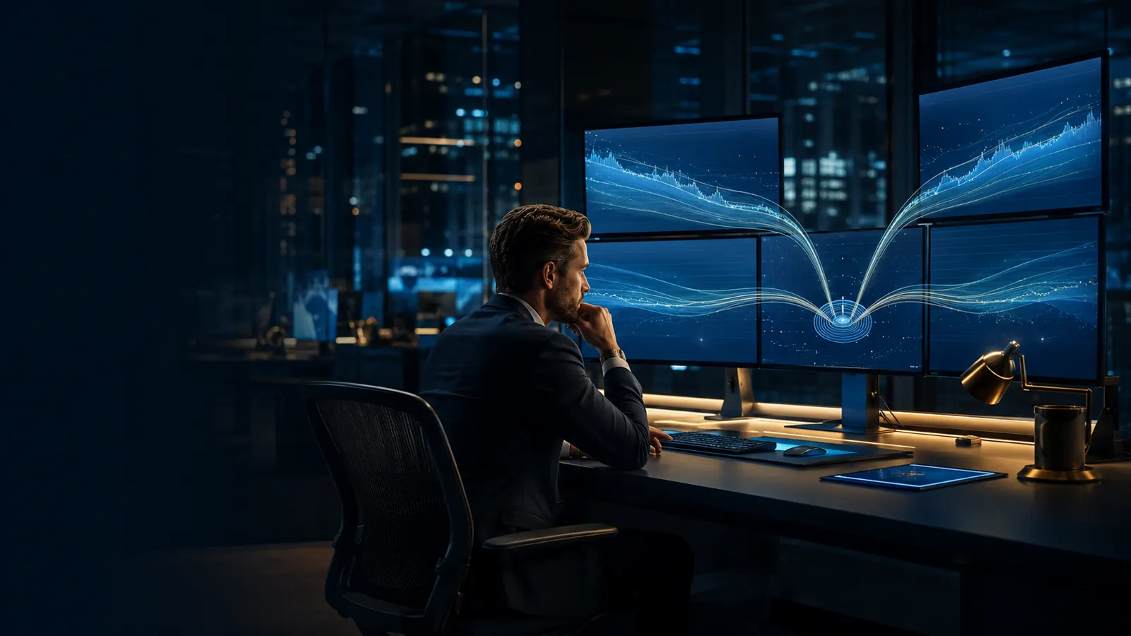 A trader at night studying four monitors whose separate chart streams visibly converge into a single flow — several setups, one macro story