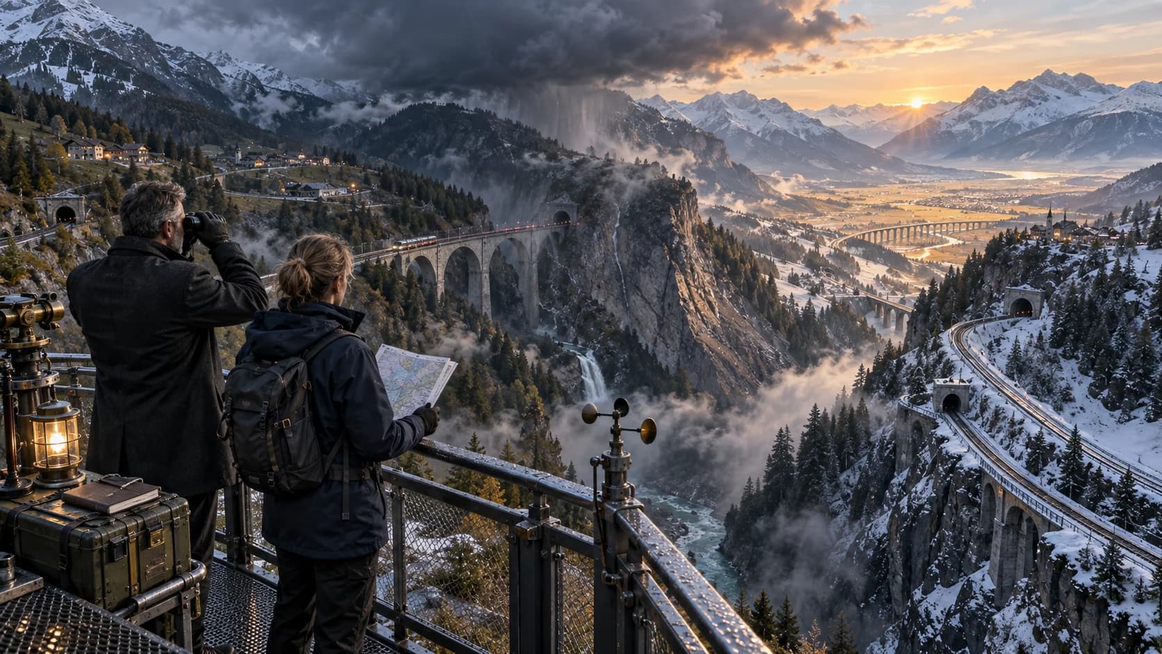 Two observers using a map and binoculars to study a network of railway routes crossing a snowy mountain valley from storm into sunrise
