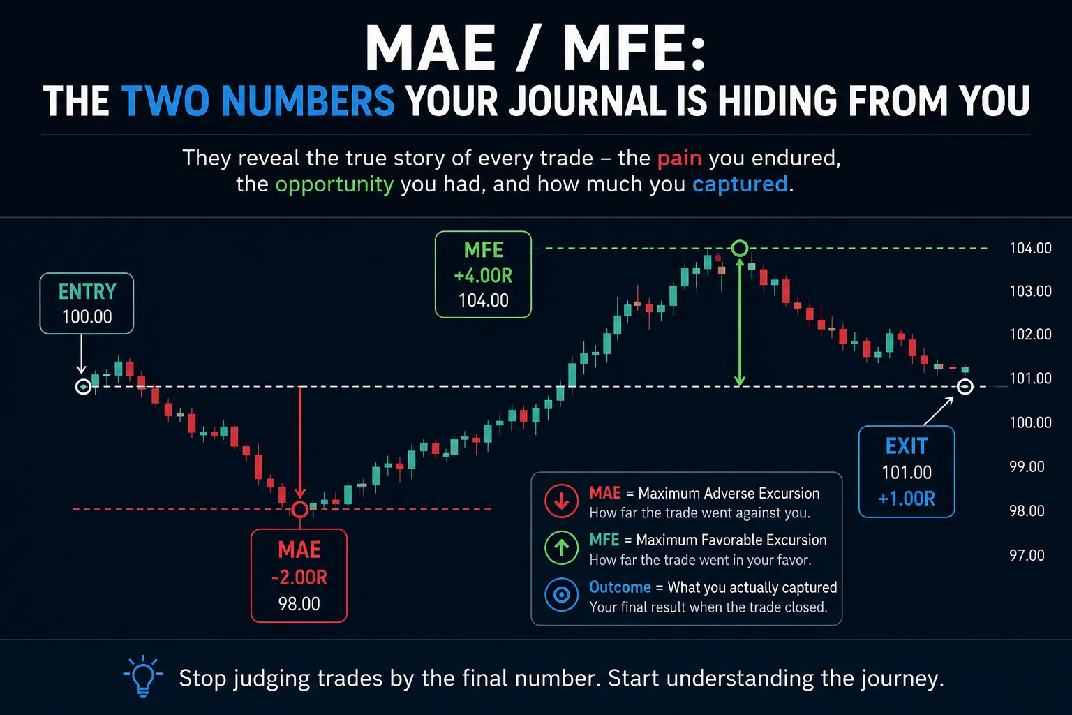 Anatomy of a single trade — entry at 100.00, MAE of −2.00R at the low, MFE of +4.00R at the peak, and an exit at +1.00R