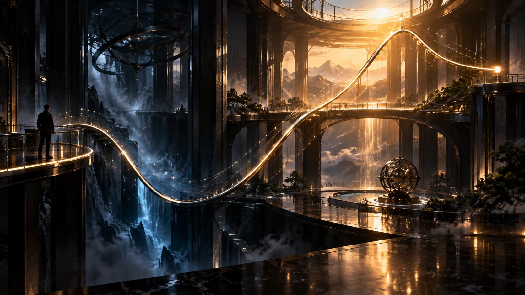 A lone observer watching a luminous market curve travel through a vast architectural landscape from shadow into sunlight