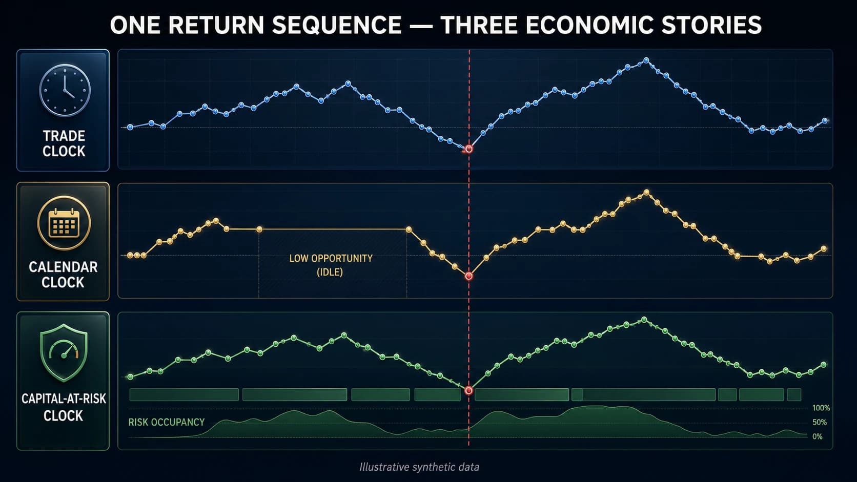 Three stacked panels showing the same return sequence read against a trade clock, a calendar clock and a capital-at-risk clock — the calendar panel flattens into a long low-opportunity idle interval and the risk panel carries an exposure-occupancy band beneath it, while a single red marker sits at the same trough in all three