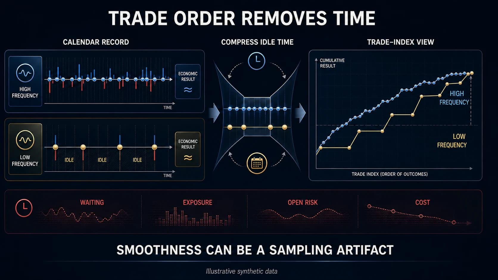 A high-frequency and a low-frequency calendar record reaching the same economic result, compressed through an idle-time funnel into a single trade-index view where the high-frequency line reads smooth and the low-frequency line reads as a staircase, above a strip of the four dimensions the compression discards: waiting, exposure, open risk and cost