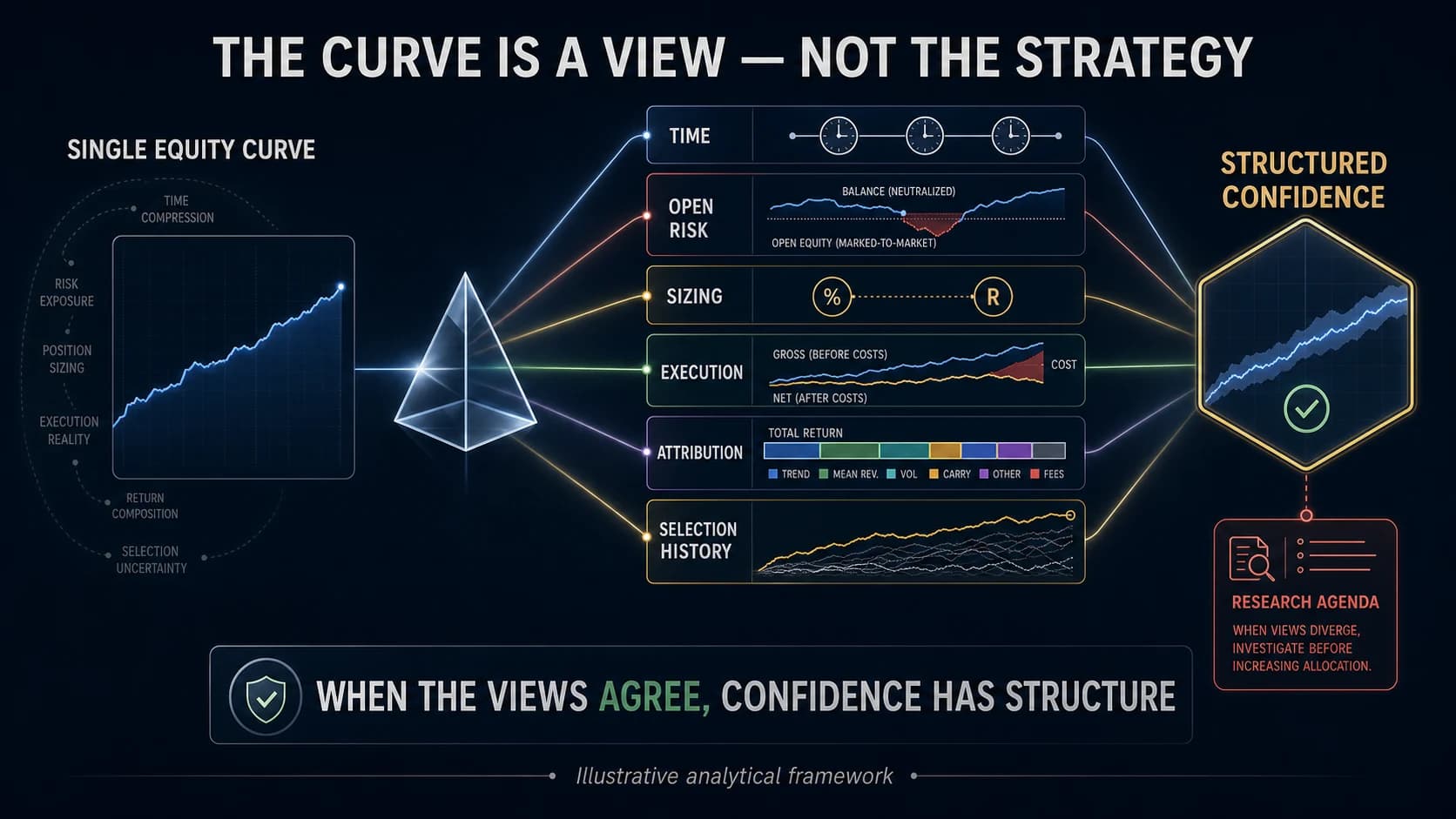 A single equity curve entering a prism and splitting into six separate views — time, open risk, sizing, execution, attribution and selection history — which recombine into a hexagon labelled structured confidence, with a red research-agenda panel branching off it for the case where the views diverge