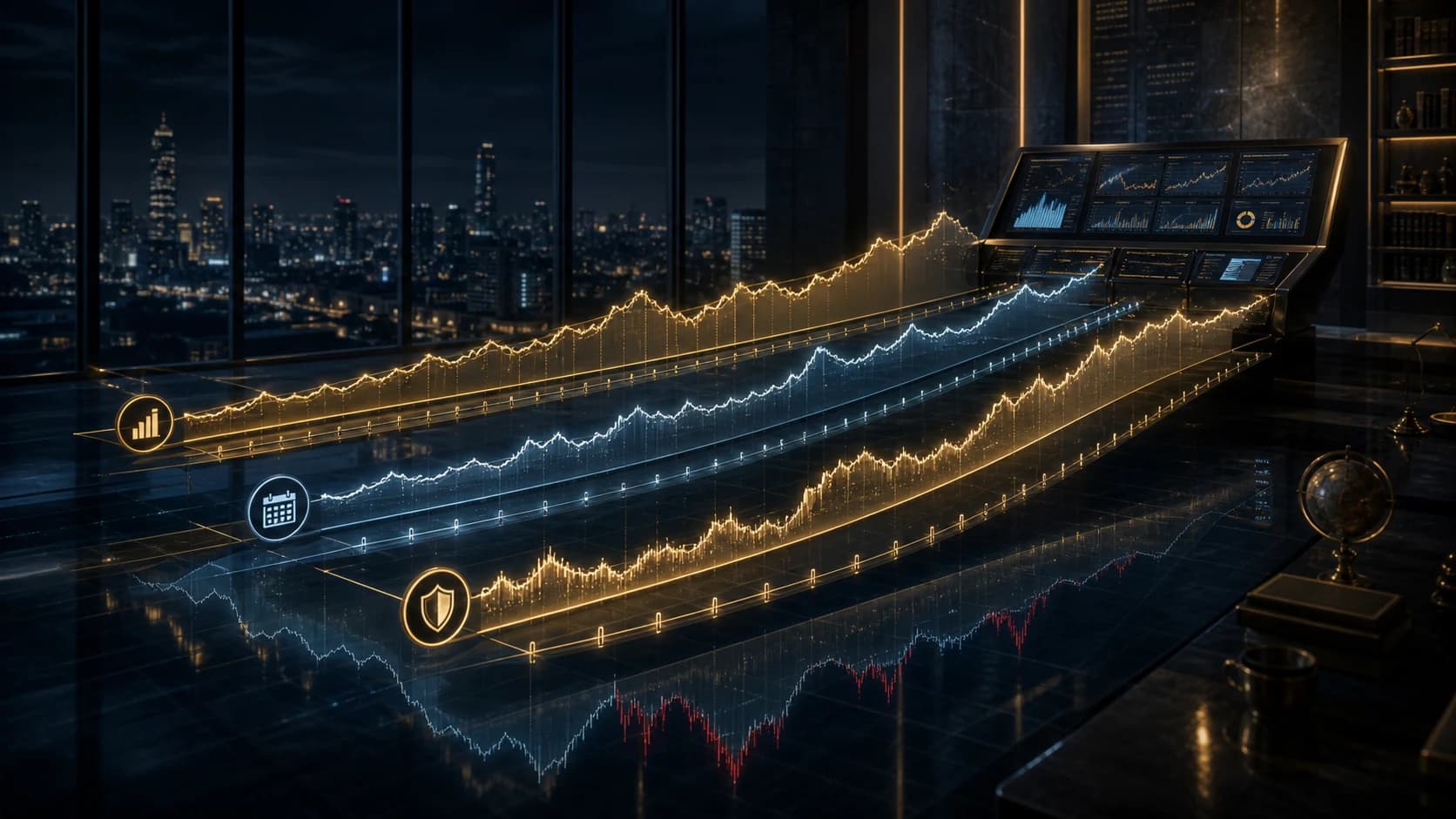 Three luminous equity curves — gold, white and gold again — sweeping across a darkened trading floor toward a console at the window, each tagged with its own clock icon for trade count, calendar and capital at risk, with the crimson underside of the same path reflected in the glass floor beneath them