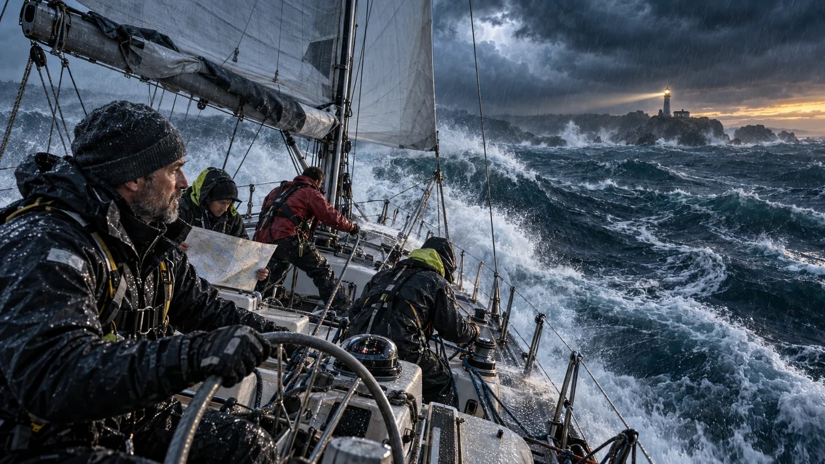 A sailing crew navigating rough seas through a violent storm toward a distant lighthouse at sunrise