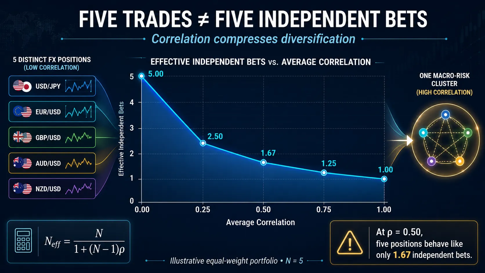 Five distinct FX positions — USD/JPY, EUR/USD, GBP/USD, AUD/USD and NZD/USD — feeding a curve of effective independent bets against average correlation, falling from 5.00 at zero correlation through 2.50, 1.67 and 1.25 to 1.00 at perfect correlation, beside the general formula N divided by one plus N minus one times rho, and a single macro-risk cluster
