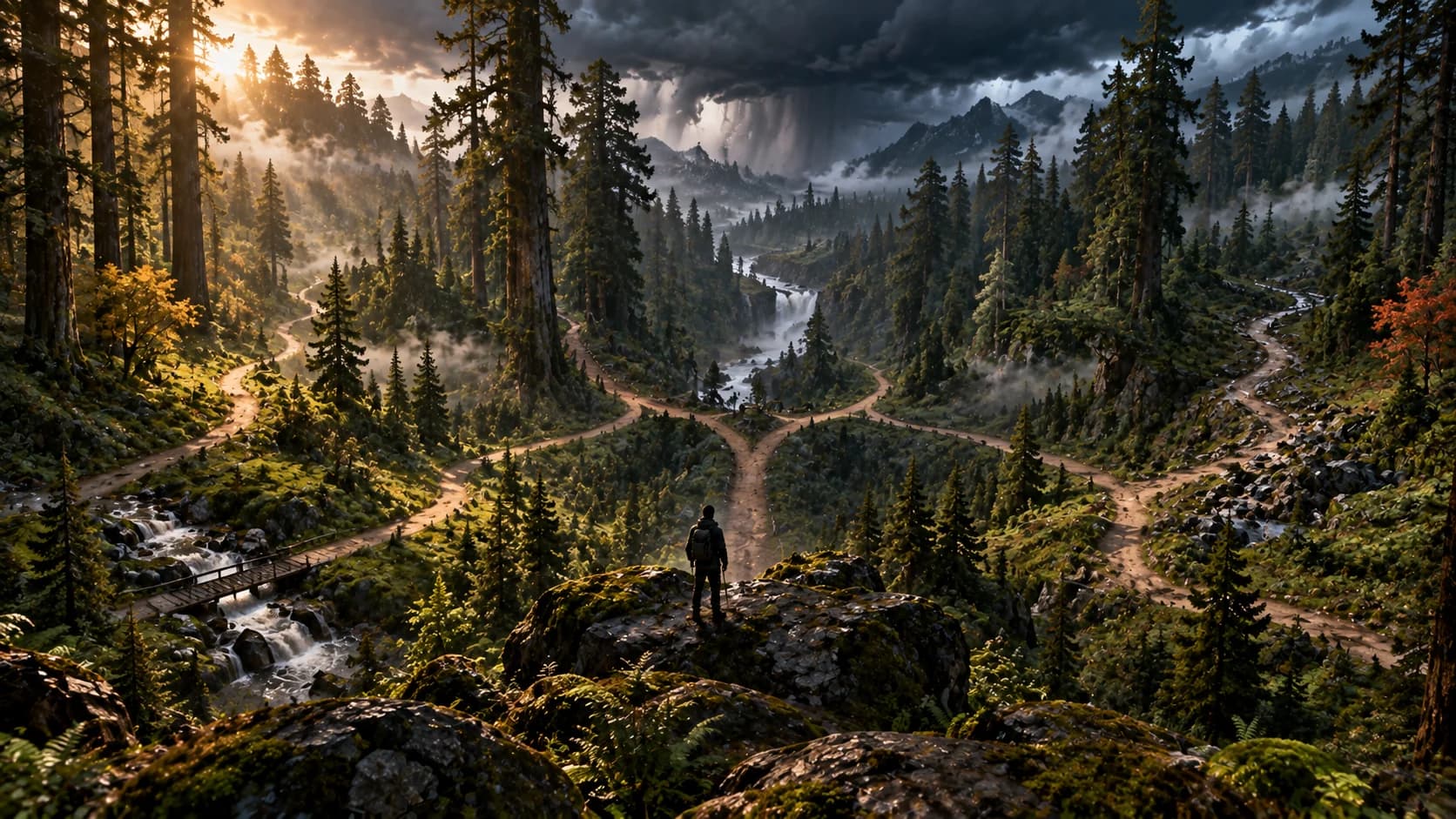 A lone observer overlooking several forest paths that branch across a mountain valley beneath sunlight and storm clouds