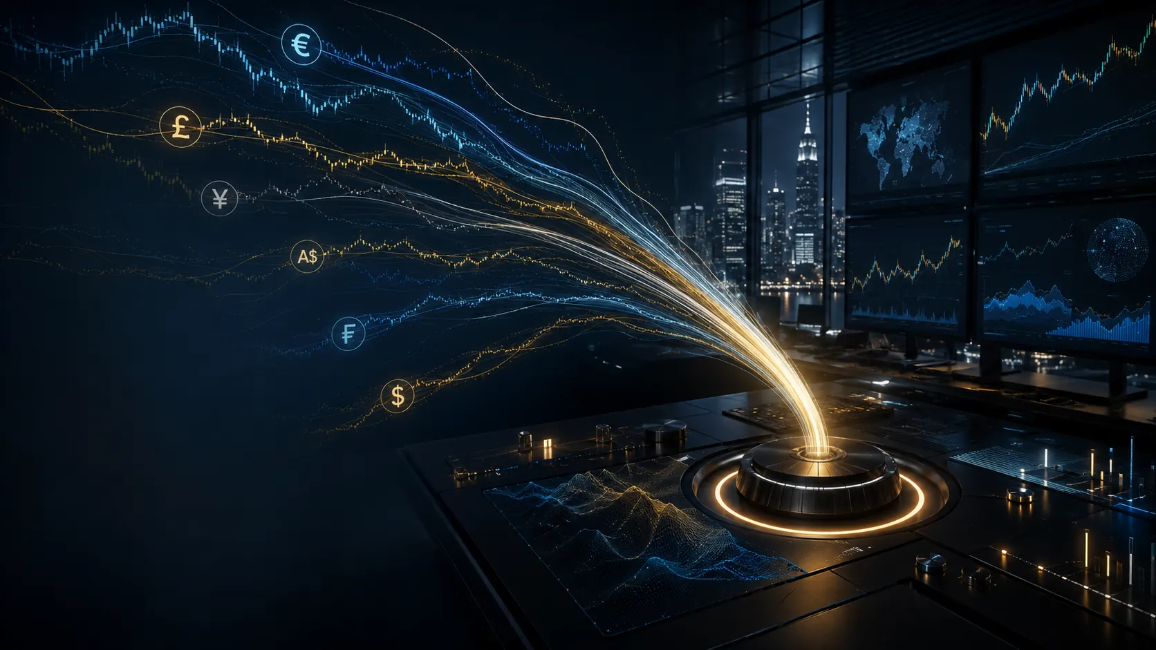 Currency symbols and price streams sweeping across a dark trading floor and converging into a single gold beam entering one console — many pairs, one exposure
