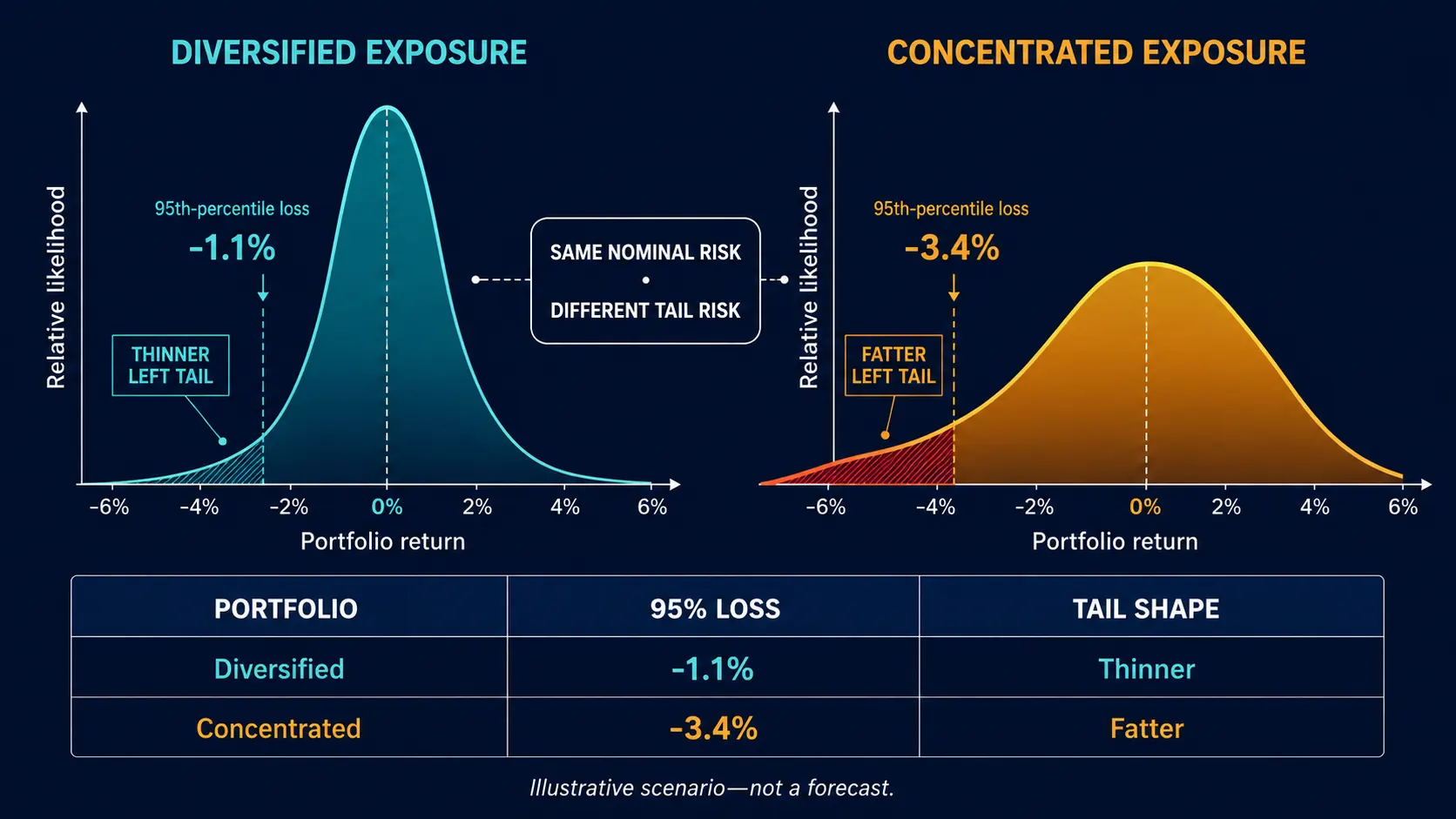 Two portfolio return distributions side by side at the same nominal risk — a diversified book with a narrow peak and a thinner left tail whose 95th-percentile loss is −1.1%, and a concentrated book with a flatter, wider curve and a fatter left tail whose 95th-percentile loss is −3.4% — above a summary table of both