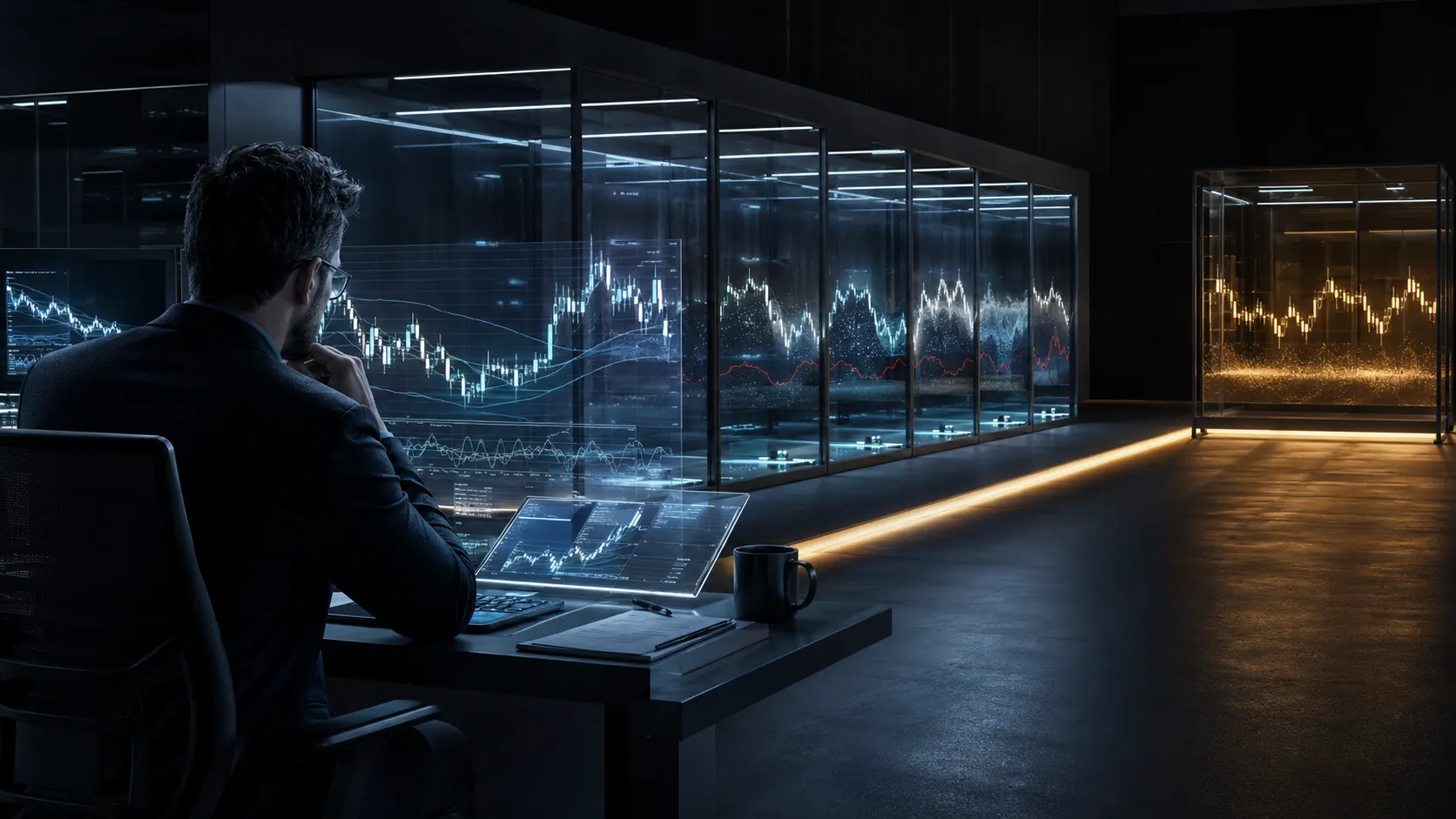 A trader at a desk facing a row of cool blue research panels showing candidate strategies, with a single separate gold-lit glass vault holding one strategy that has been promoted to live capital authority