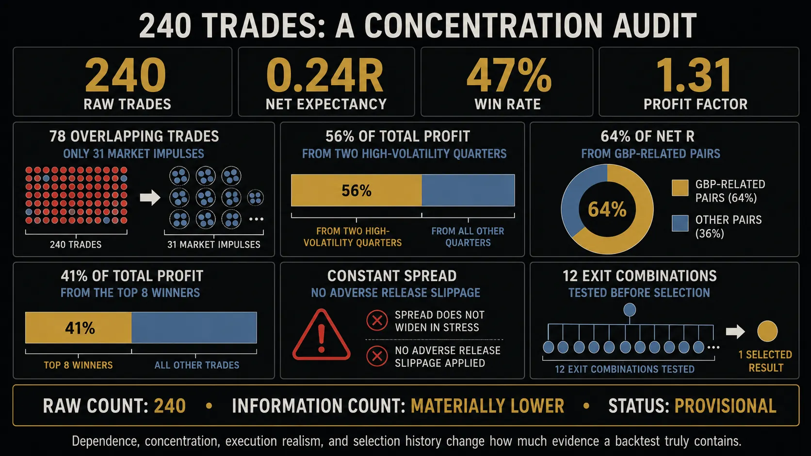 Concentration audit dashboard for a 240-trade backtest — 0.24R net expectancy, 47% win rate, 1.31 profit factor — showing 78 overlapping trades from only 31 market impulses, 56% of profit from two quarters, 64% of net R from GBP pairs, 41% of profit from eight winners, a constant-spread cost model, and twelve exit combinations tested