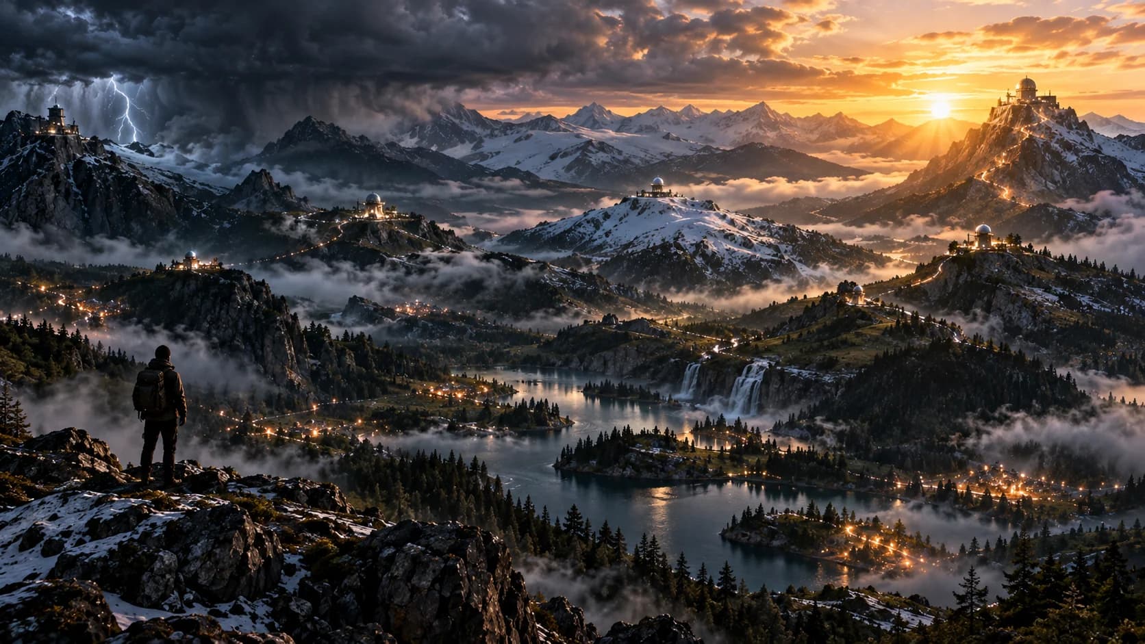 A lone observer surveying a vast mountain landscape of connected observatories beneath storm clouds and sunrise