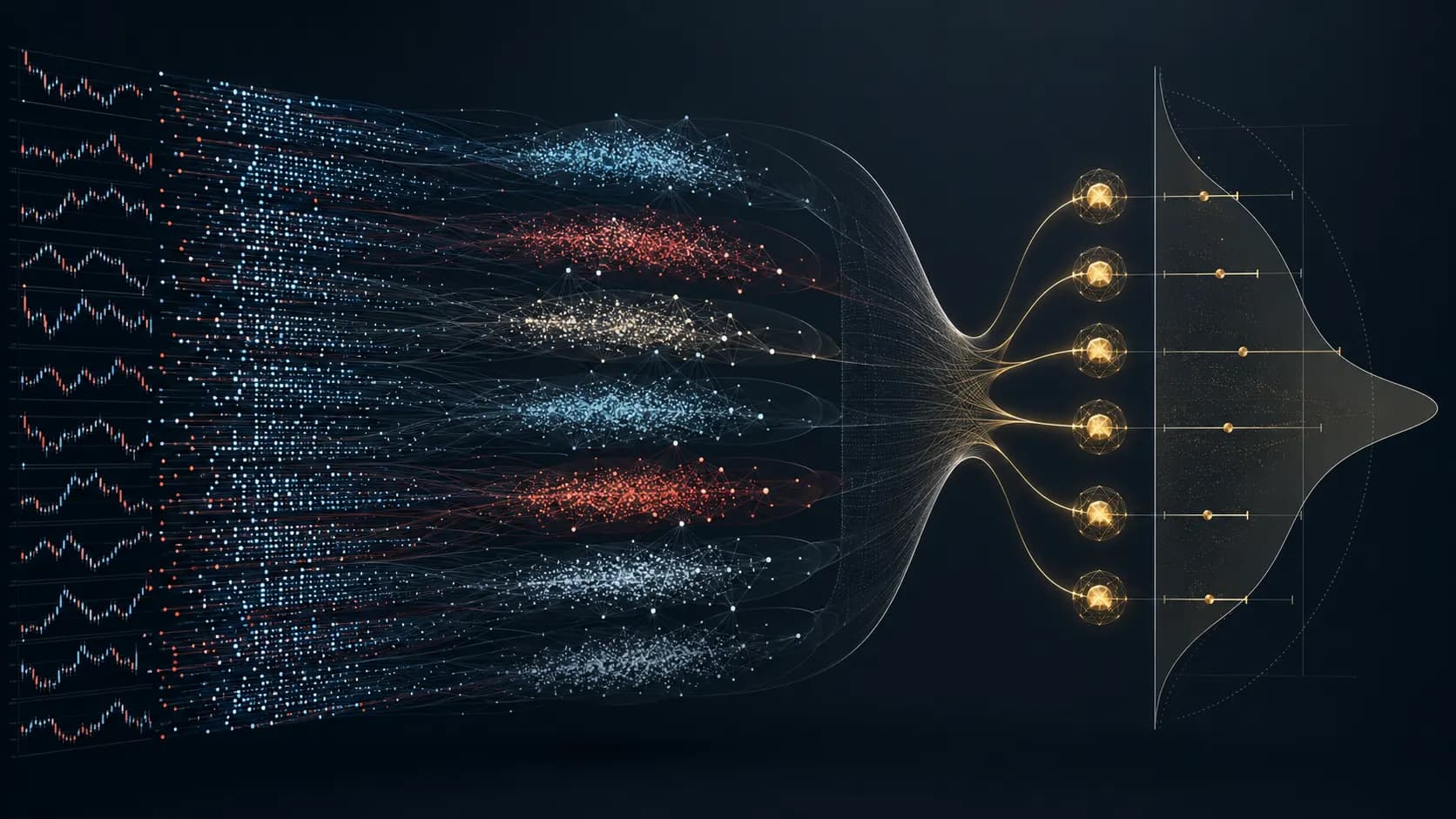 Hundreds of candlestick samples fanning through a dependence field and collapsing into a handful of gold confidence intervals against a probability distribution — many tickets, far less information