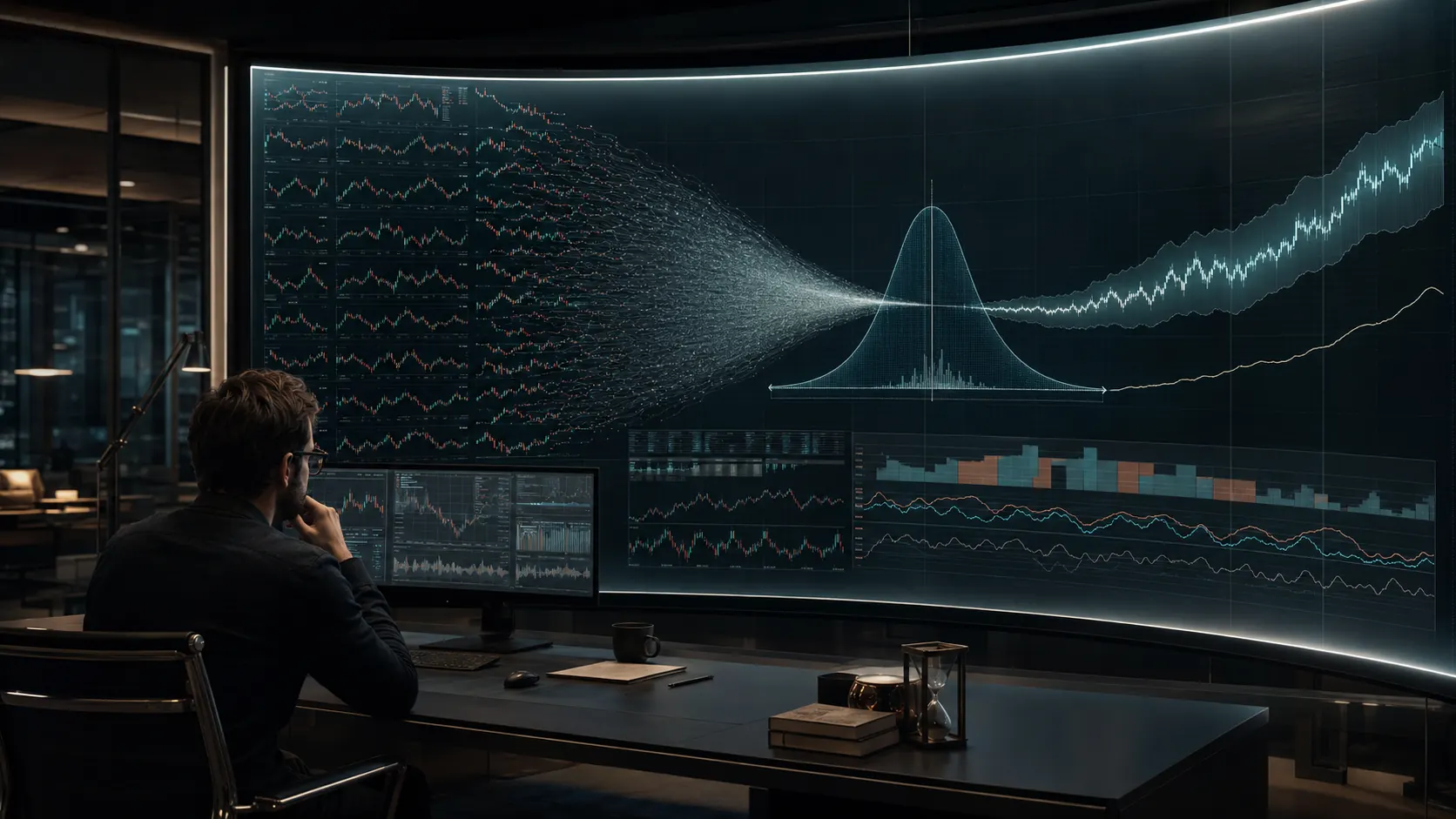 An analyst at a curved trading wall watching a dense cloud of individual trade outcomes converge through a funnel into a single probability distribution, with an equity band and its uncertainty envelope extending to the right