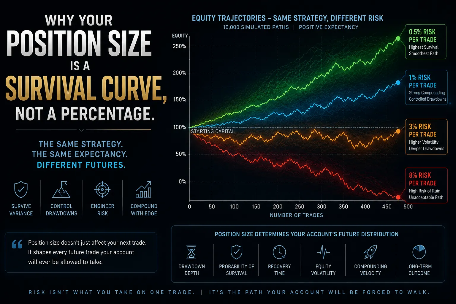 Equity trajectories of the same strategy at 0.5%, 1%, 3%, and 8% risk per trade — same expectancy, radically different futures