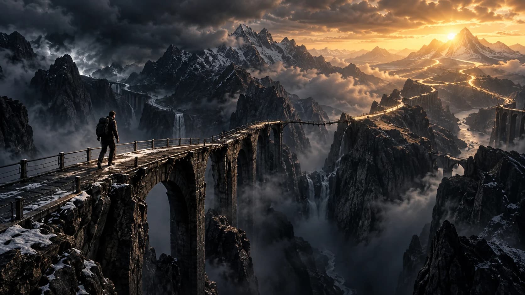 A lone traveler crossing a winding mountain bridge from darkness toward sunrise