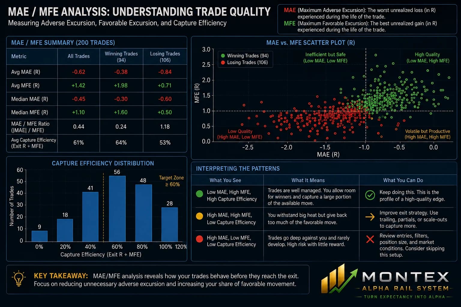 MAE/MFE analysis dashboard: a summary table of average and median excursion and capture efficiency split across all, winning and losing trades, a scatter of adverse against favorable excursion quartered into high-quality, inefficient-but-safe, volatile-but-productive and low-quality regions, a capture-efficiency histogram against a sixty-percent target zone, and a table interpreting each excursion pattern