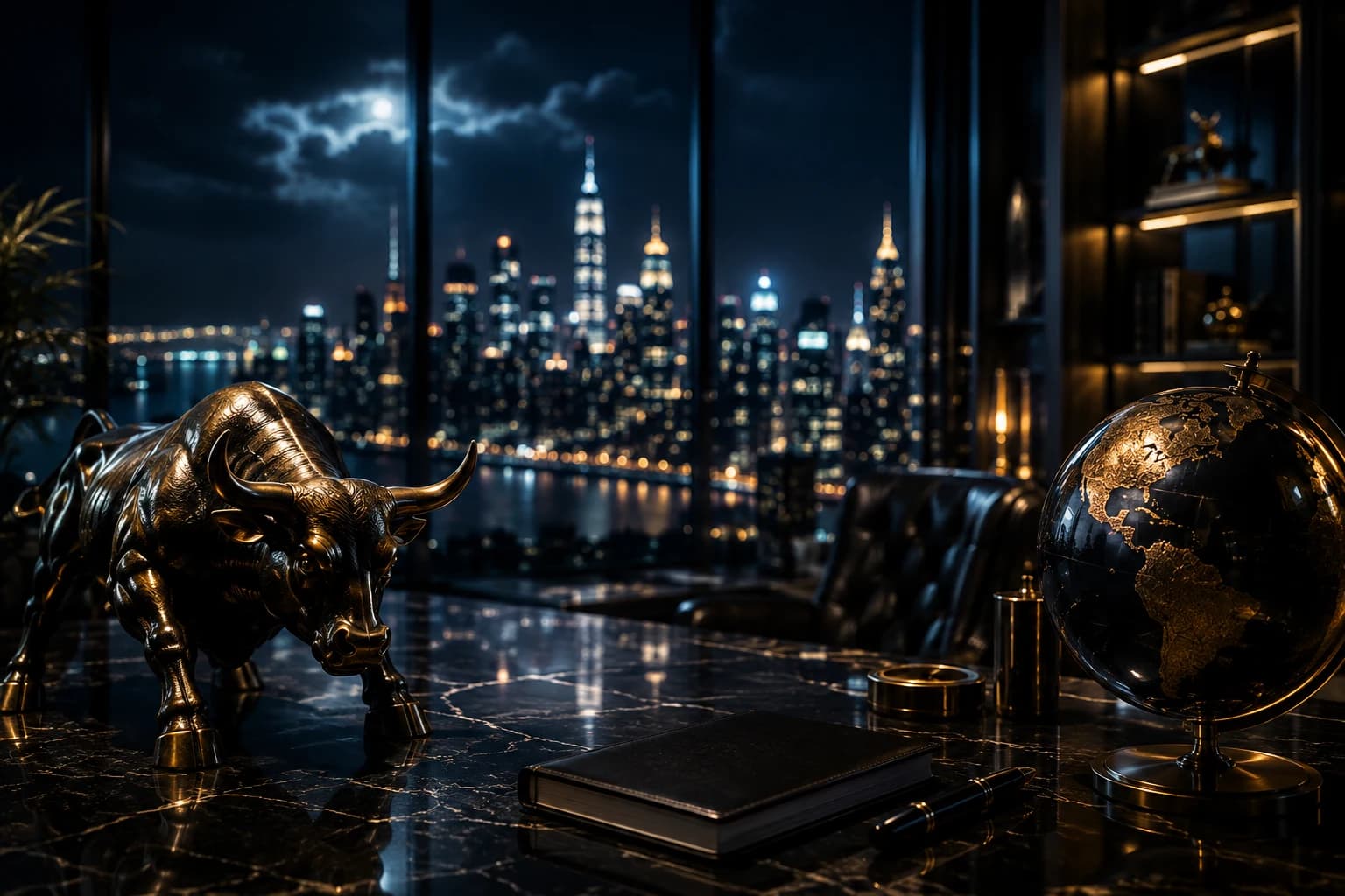 A darkened professional trading desk at night, a wall of performance analytics across the monitors — an R-multiple distribution, a rolling expectancy line, an equity curve above its drawdown twin and an MAE/MFE scatter — with a city skyline beyond the glass