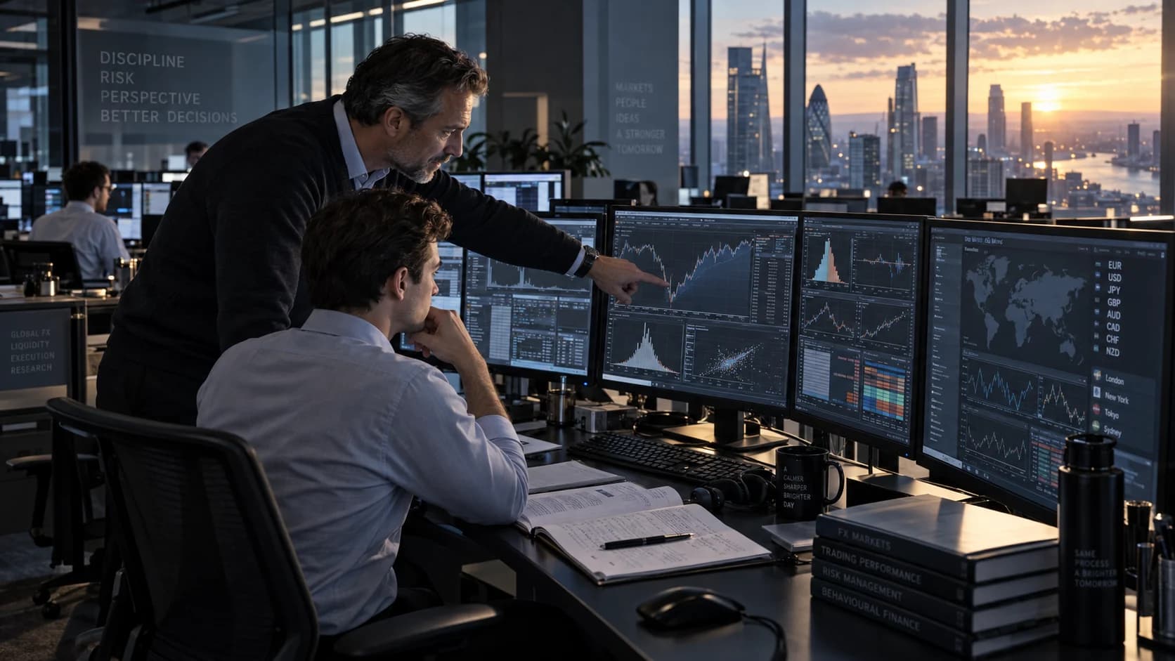 A senior trader guiding a colleague through performance analytics across multiple monitors on a professional Forex desk at sunrise