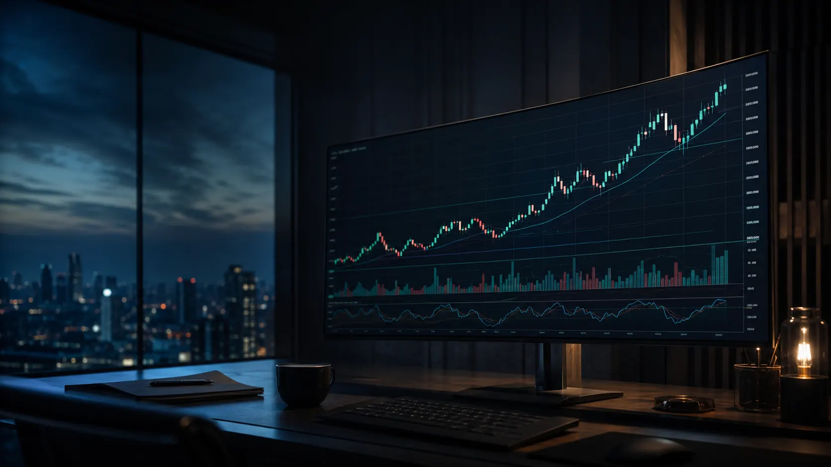 A curved trading monitor in a darkened office at night, a long uptrend of candles climbing across it above volume and oscillator panes, with a city skyline through the window behind