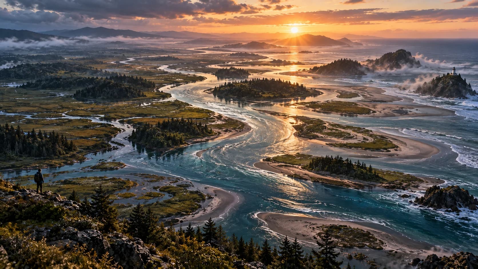 A lone observer overlooking branching river channels winding through a coastal landscape toward the sunrise