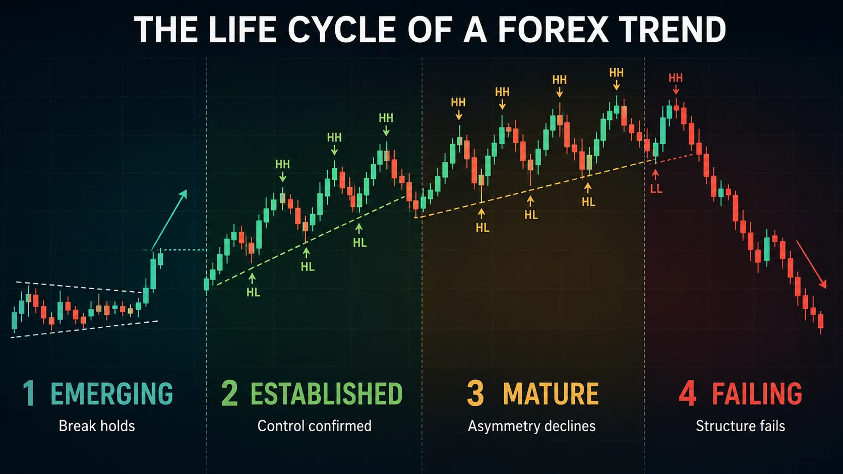 The life cycle of a Forex trend in four stages — an emerging break out of compression, an established phase of clean higher highs and higher lows, a mature phase where highs still print but lows tighten against the rising trendline, and a failing phase where a lower low breaks the structure and price reverses